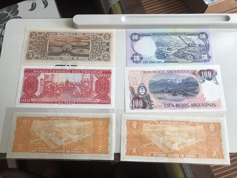 收藏联盟第九十三期拍卖 乌拉圭，巴西，阿根廷，牙买加裸钞UNC六张