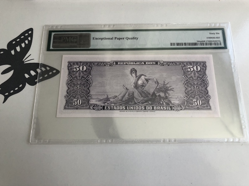 收藏联盟第九十三期拍卖 巴西50克鲁塞罗 加盖5生丁 ND1966-67年版 PMG66E