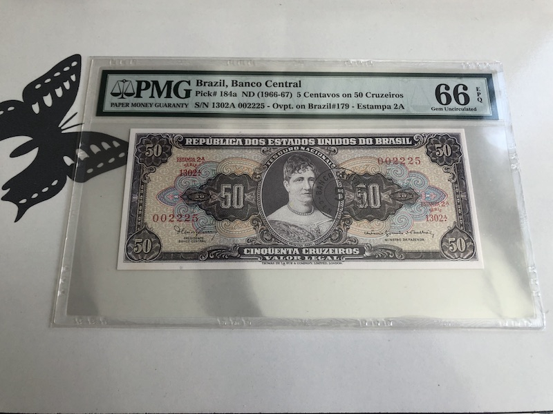 收藏联盟第九十三期拍卖 巴西50克鲁塞罗 加盖5生丁 ND1966-67年版 PMG66E