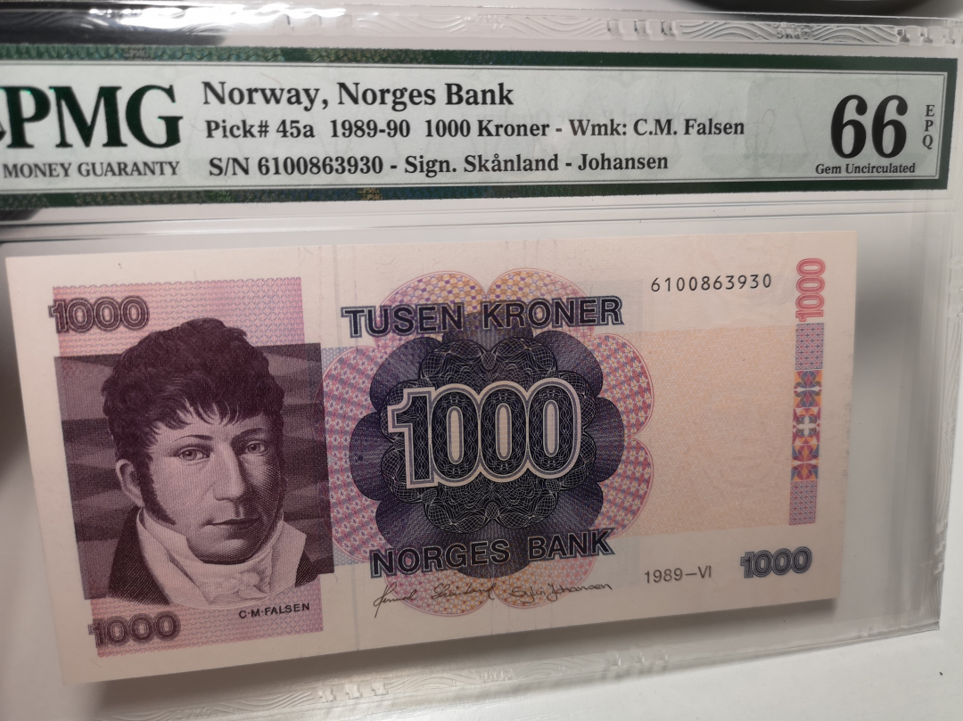 《外钞收藏家》第七十一期拍卖 挪威1989年1000克朗 pmg66  初版 稀少