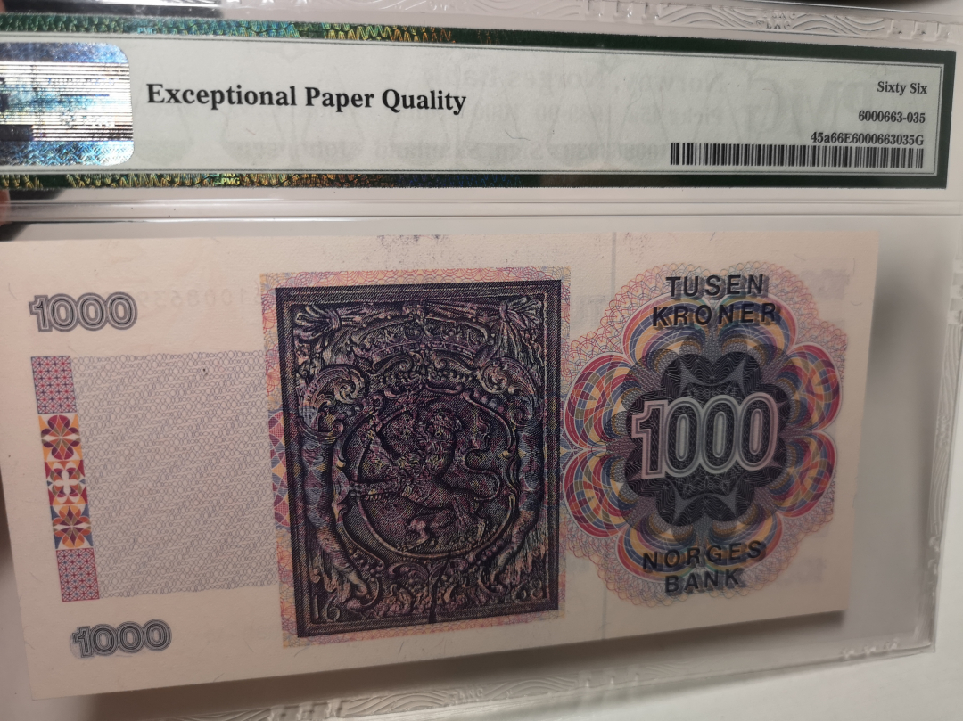 《外钞收藏家》第七十一期拍卖 挪威1989年1000克朗 pmg66  初版 稀少