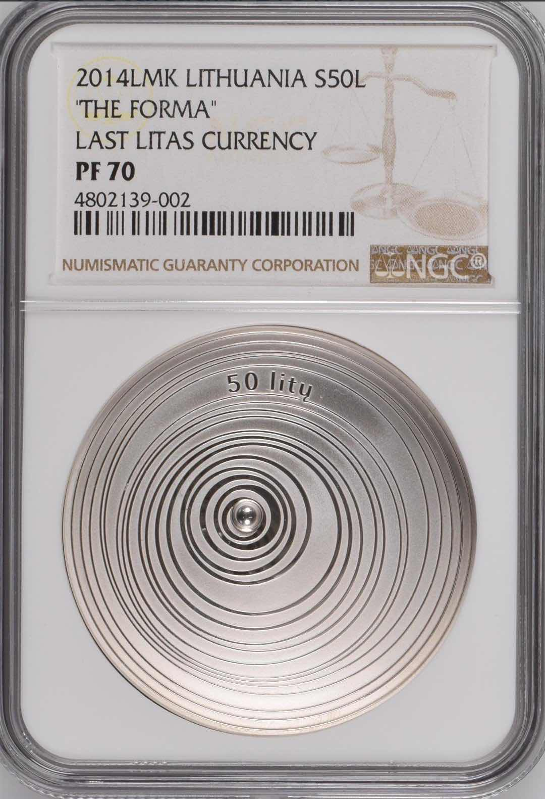 【币观天下】第七十六期拍卖 【一口价】获奖币立陶宛2014年最后的立特凹凸曲面镶嵌银珠银币NGC70满分只有5枚