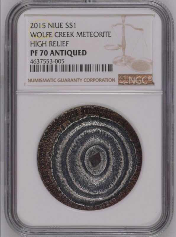 【币观天下】第七十六期拍卖 【一口价】 纽埃仿古陨石银币ngc70两枚2014巴林杰2015狼溪陨石币