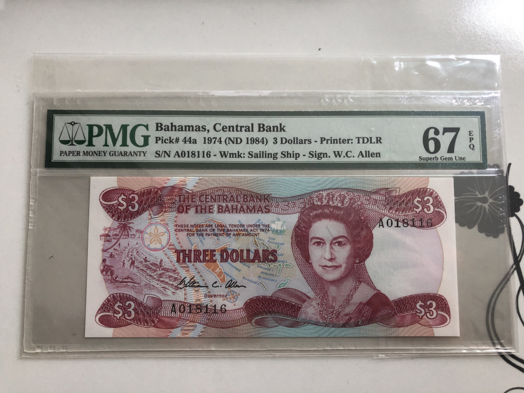 收藏联盟第九十四期拍卖 1974年百慕大3元 PMG67E
