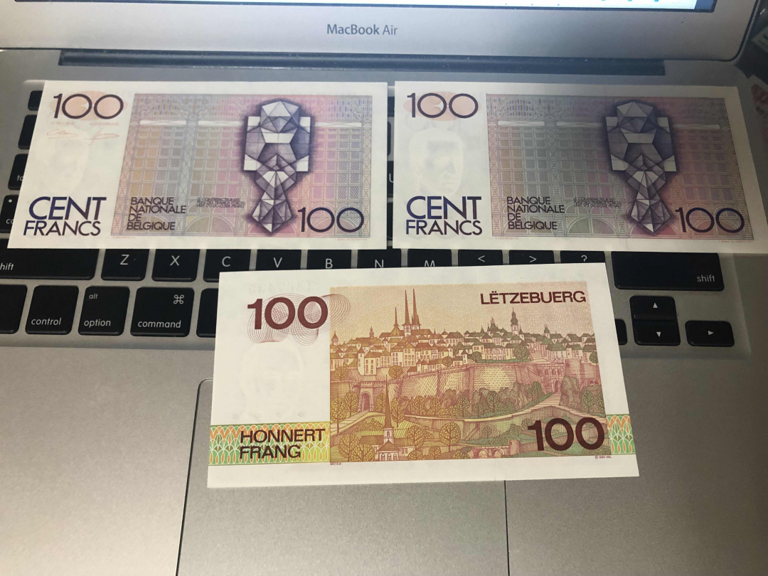 收藏联盟第九十四期拍卖 比利时和卢森堡3张 UNC 100法郎 其中一张有压痕