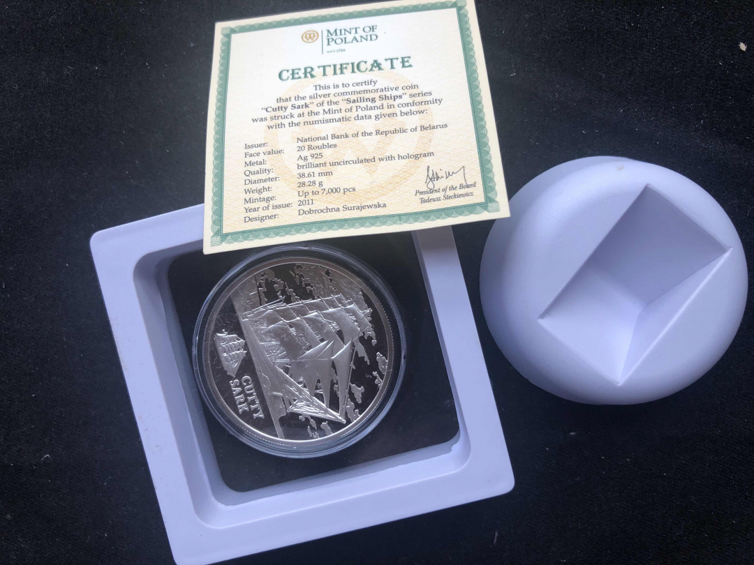 【随心拍&GetCoin】现代金银币拍卖第二十七期 白俄罗斯2011年20卢布，航海系列-名船 卡蒂萨克鲨鱼号 激光全息幻彩精制纪念银币