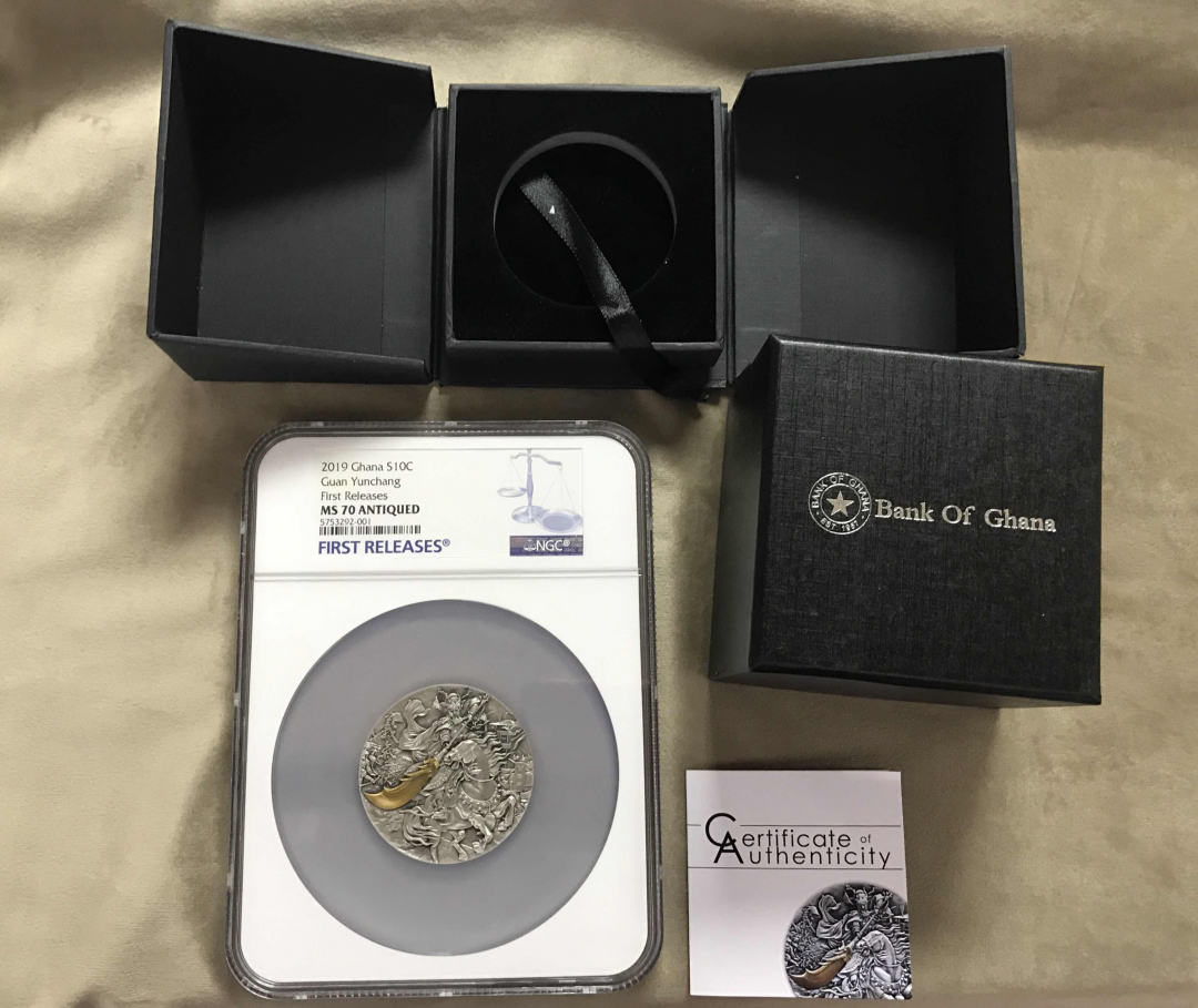 【随心拍&GetCoin】现代金银币拍卖第二十七期 加纳2019年世界名将系列1关羽超高浮雕2盎司镀金银币NGC首期70分