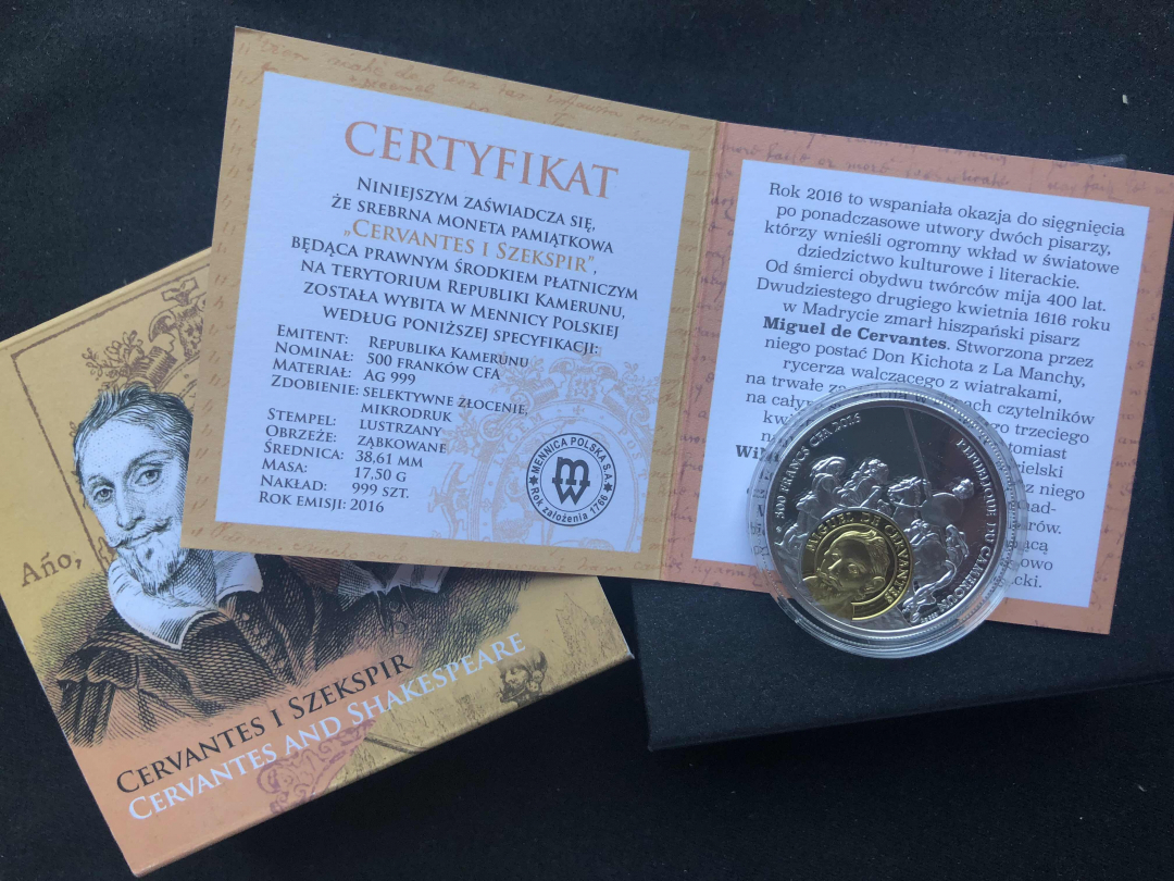 【随心拍&GetCoin】现代金银币拍卖第二十七期 喀麦隆2016年赛瓦提斯和莎士比亚双面镀金纪念银币
