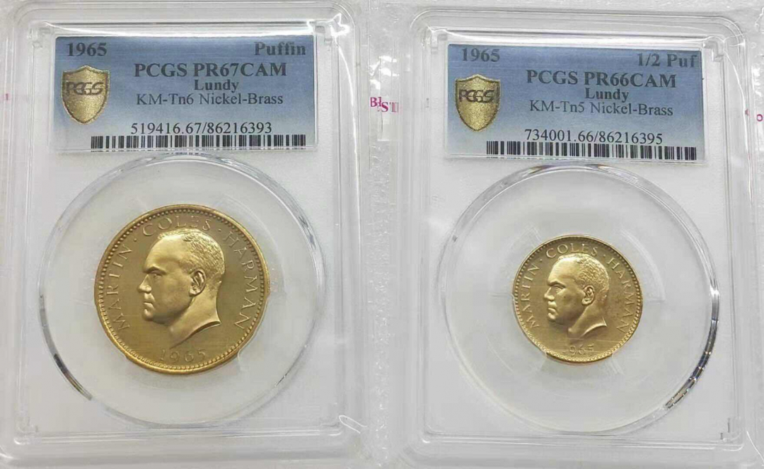 小魏钱币第29期中外金银币专场  PCGS PR67 66 伦迪岛1965年2枚黄铜币 一对 1和二分之一