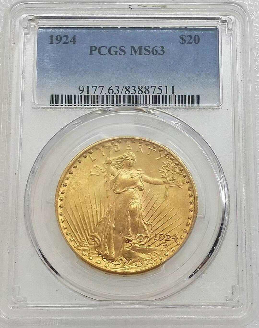 小魏钱币第29期中外金银币专场  PCGS MS63 美国1924年自由女神20元好品相大金币 33.43克 900金 