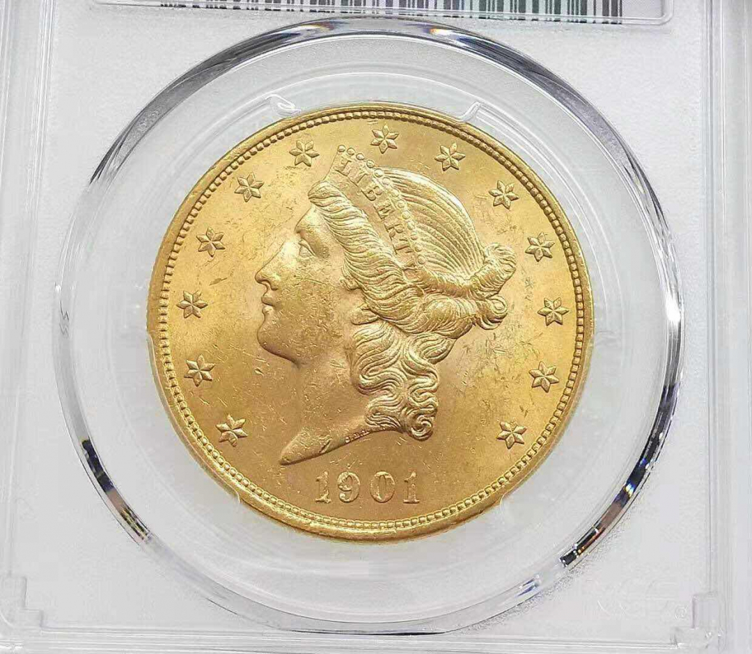 小魏钱币第29期中外金银币专场 PCGS MS62 美国自由女神-摩根-1901年20元金币33.43克 900金 