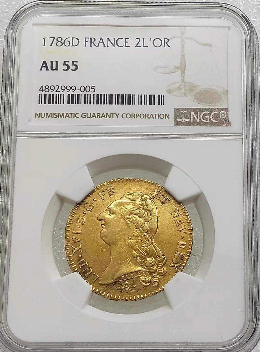 小魏钱币第29期中外金银币专场 NGC AU55法国路易十六世1786-D 年2路易金金币 15.3克 917金 少见版本