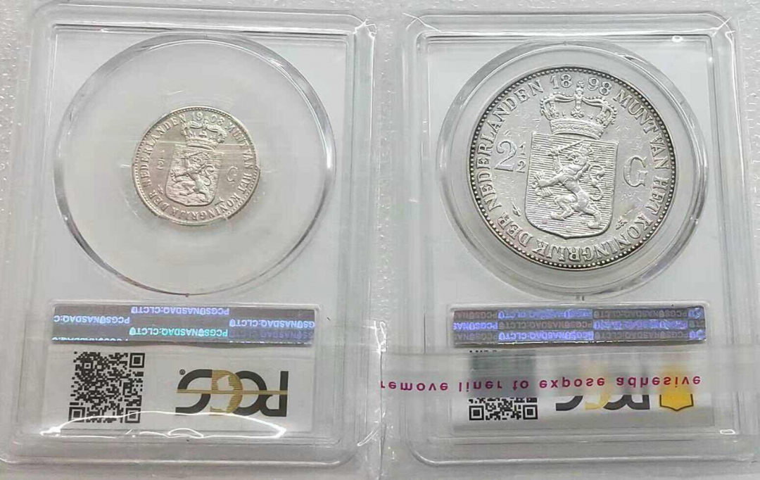 小魏钱币第29期中外金银币专场  PCGS XF AU55 荷兰1898威廉明娜2.5盾大银币少见 1908年 二分之一盾银币 2枚