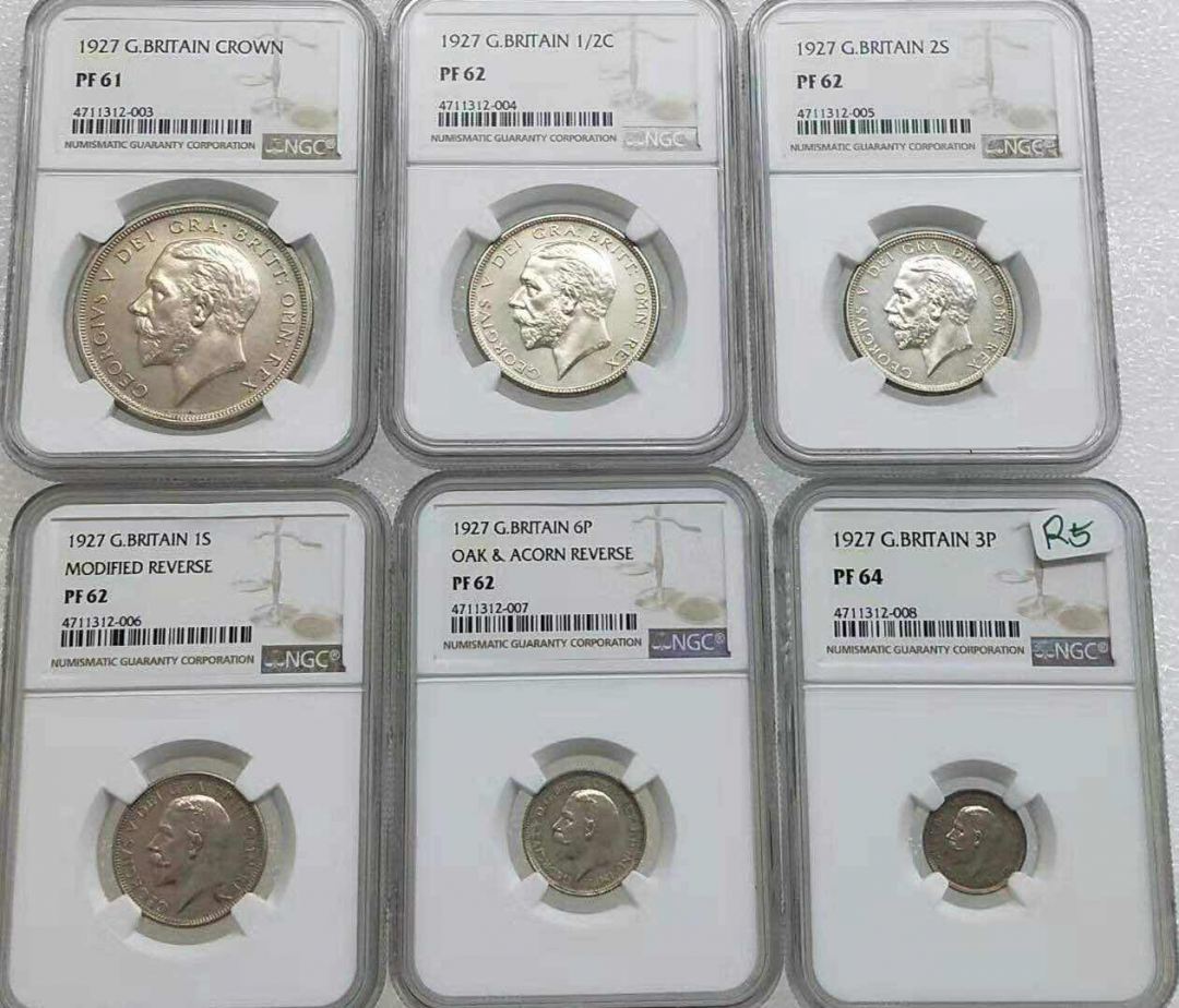 小魏钱币第29期中外金银币专场 NGC-PR61-64--英国1927年乔治五世6枚全套 皇冠克朗大银