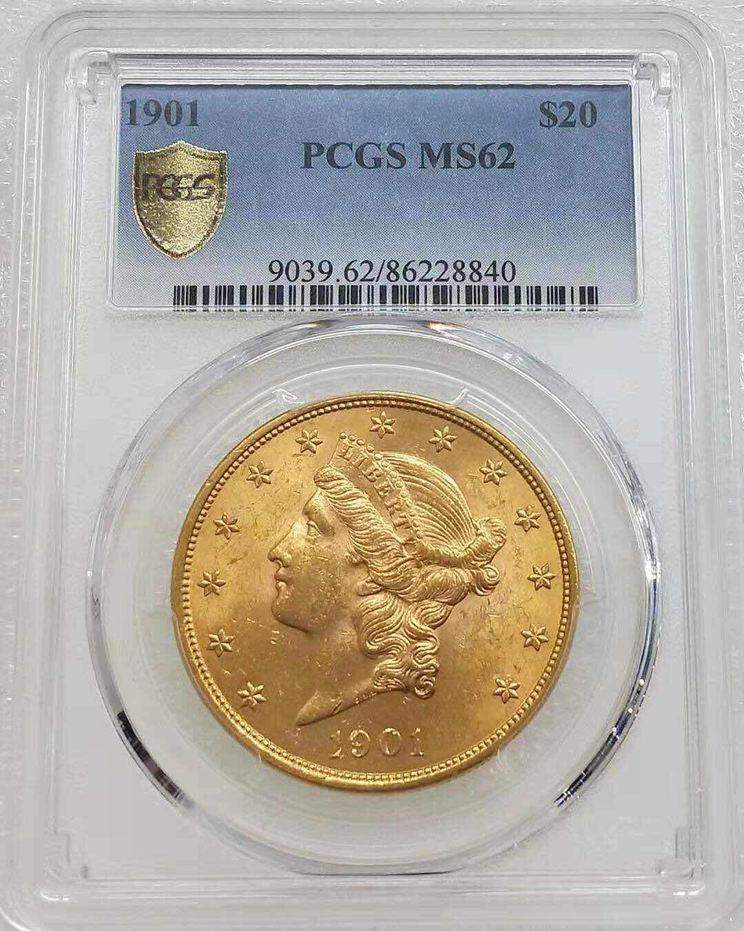小魏钱币第29期中外金银币专场 PCGS MS62 美国自由女神-摩根-1901年20元金币33.43克 900金 