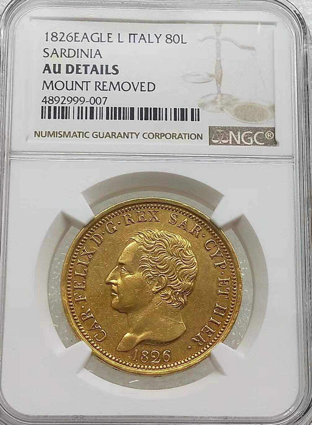 小魏钱币第29期中外金银币专场 NGC AU 意大利 撒丁岛 1826年80里拉币25.8克900金 少见金币
