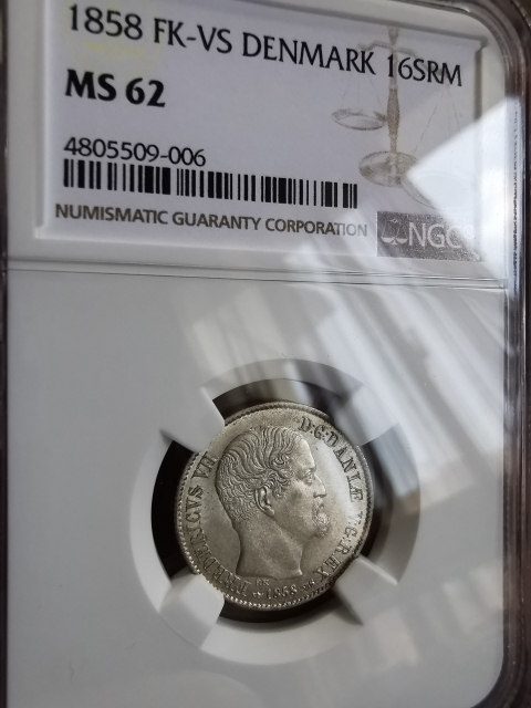 凡希社世界钱币微拍第九十五期 1858丹麦16SRM银NGC-MS62