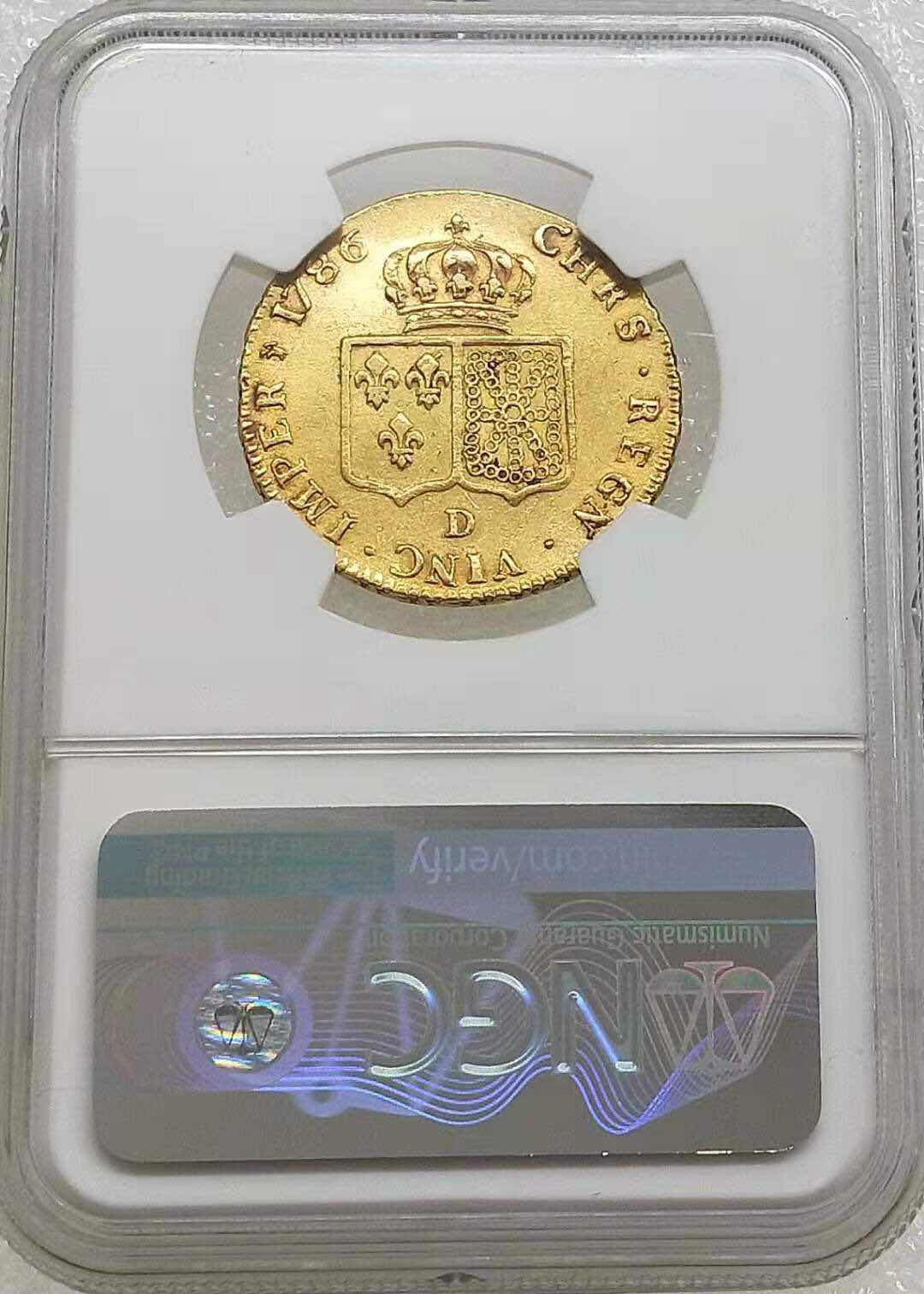 小魏钱币第29期中外金银币专场 NGC AU55法国路易十六世1786-D 年2路易金金币 15.3克 917金 少见版本