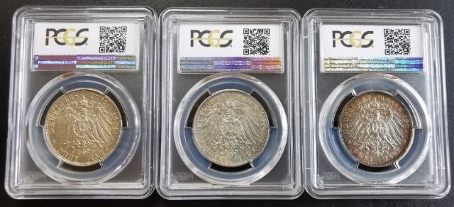 凡希社世界钱币微拍第九十五期 巴伐利亚汉堡普鲁士3马克一组PCGS-AU55/58