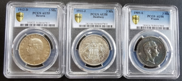 凡希社世界钱币微拍第九十五期 巴伐利亚汉堡普鲁士3马克一组PCGS-AU55/58
