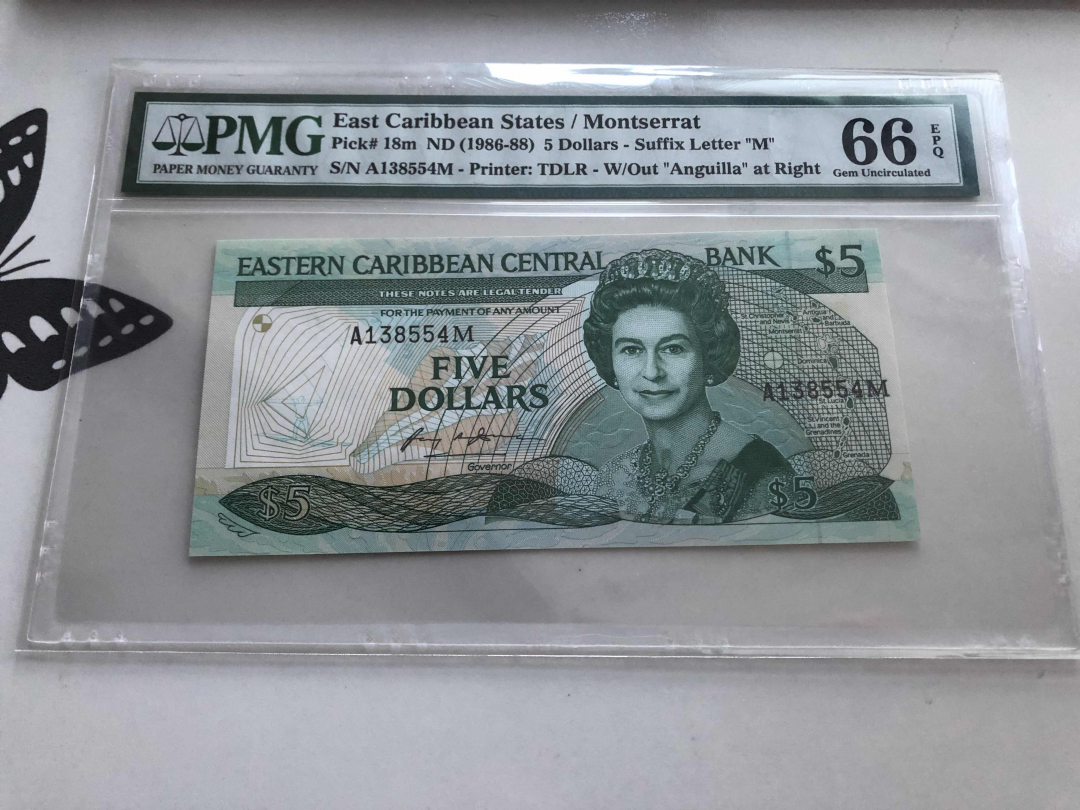 收藏联盟第九十五期拍卖 1986-88东加勒比5元 PMG66E