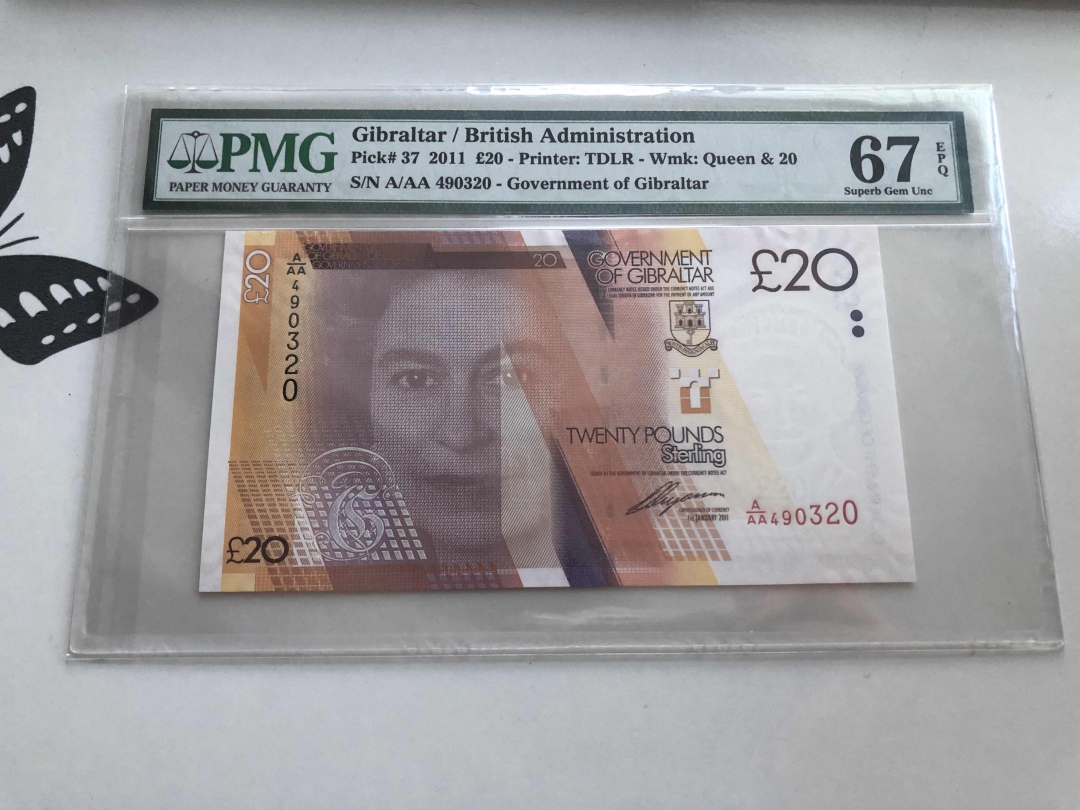 收藏联盟第九十五期拍卖 2011年直布罗陀20镑 AAA首发冠PMG67E