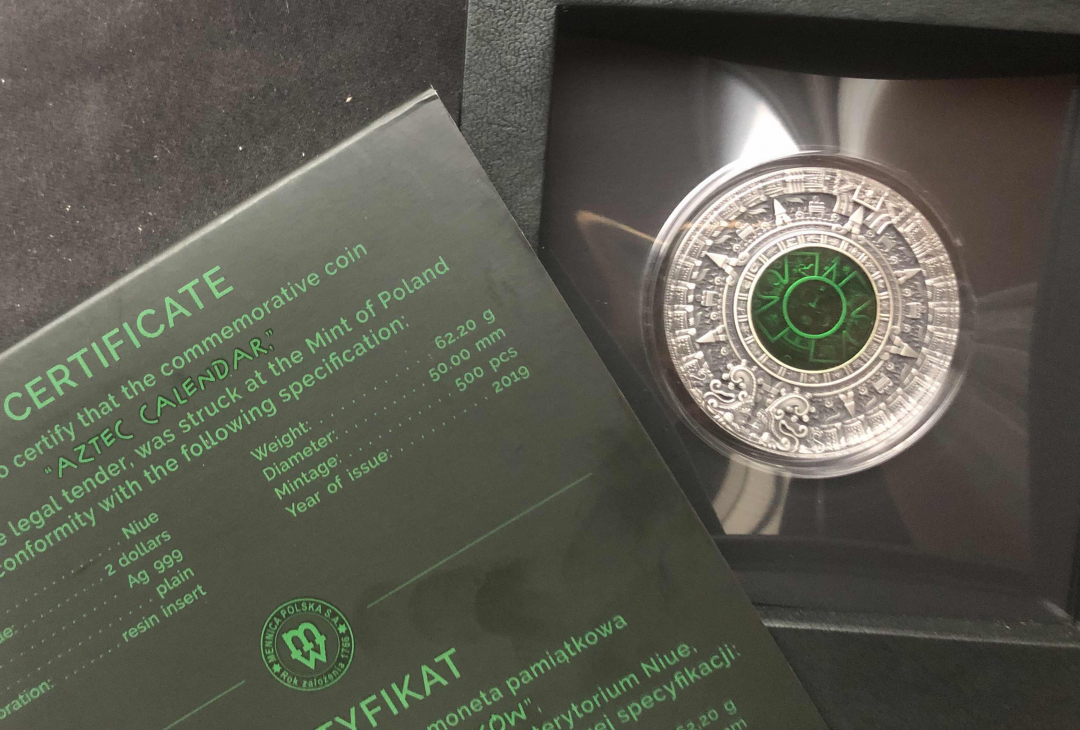 【币观天下】第七十八期拍卖 【纽埃】2019年纽埃古印第安文明阿兹特克日历石高浮雕仿古银币