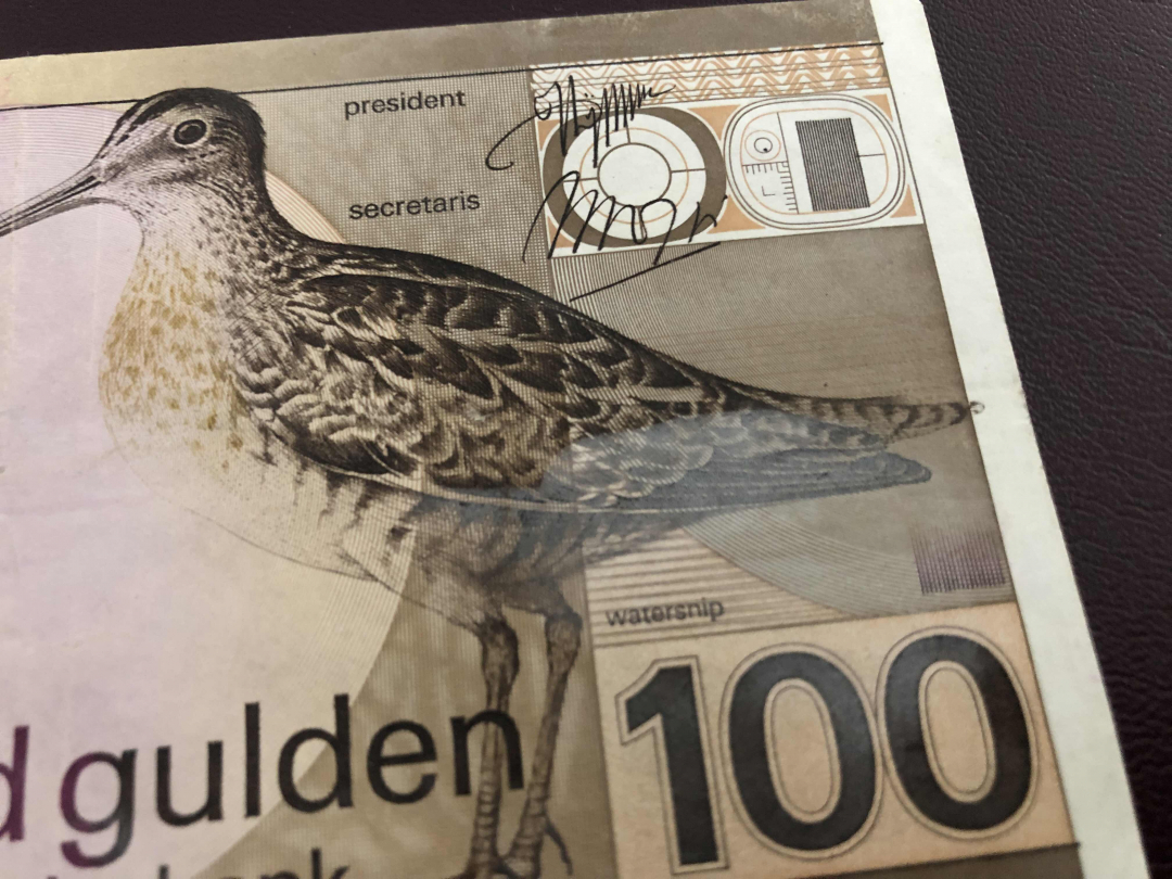 收藏联盟第九十六期拍卖 1977年荷兰水鸟沙锥100盾 流通品xf品相如图 尾豹子号