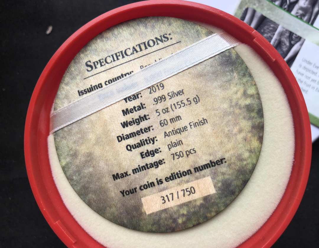 【币观天下】第七十八期拍卖 贝宁2019伊甸园五盎司仿古5000法郎银币【5oz】