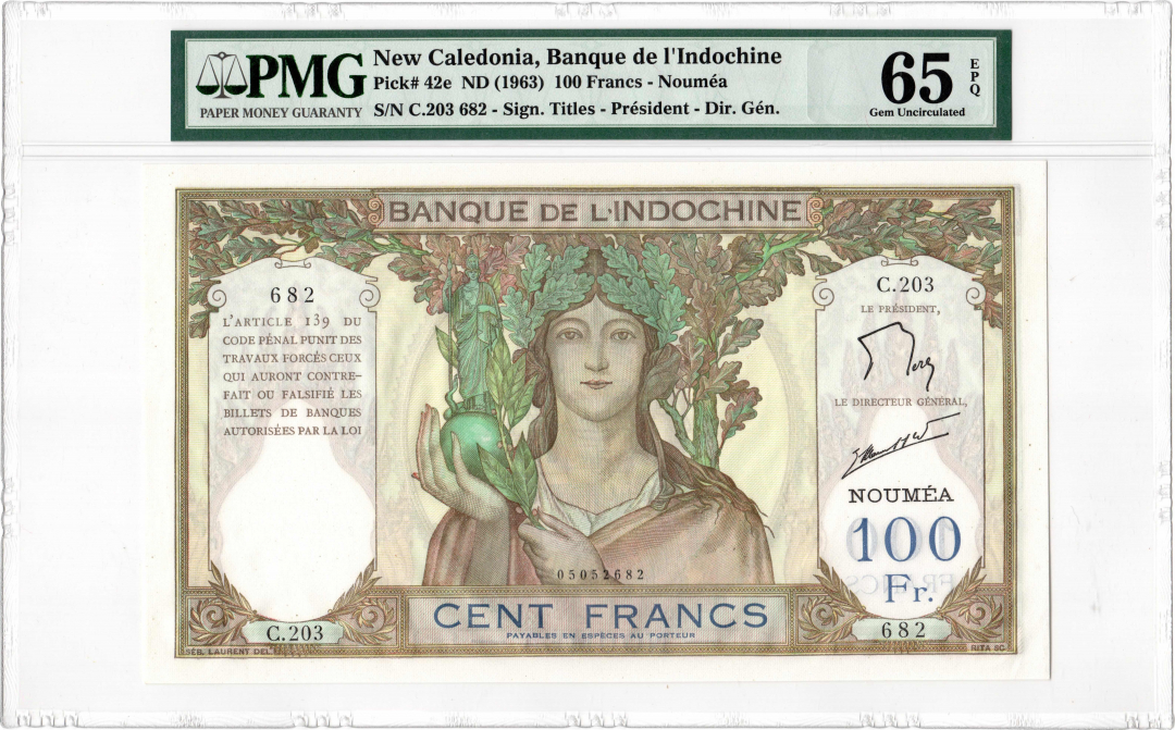收藏联盟第九十六期拍卖 新喀里多尼亚1963年100法郎 PMG65 高棉的微笑 稀少法属大票 无针孔