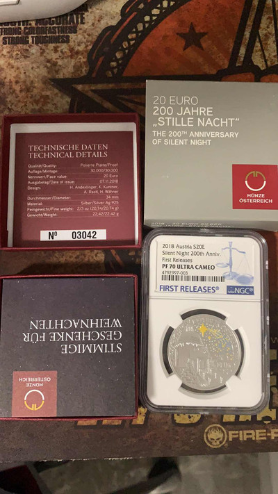 【随心拍&GetCoin】现代金银币拍卖第二十九期 首期70分2018年奥地利平安夜银币彩色精制夜光币 