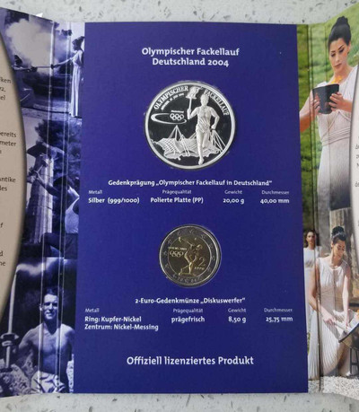 【随心拍&GetCoin】现代金银币拍卖第二十九期 德国奥委会2004年雅都奥运会火炬传递纪念币章套装，20克银章一枚，希腊2€纪念币一枚，此币为克劳斯获奖币。