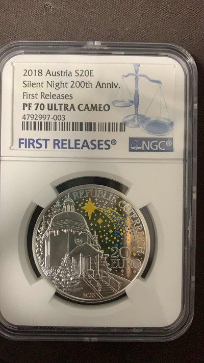 【随心拍&GetCoin】现代金银币拍卖第二十九期 首期70分2018年奥地利平安夜银币彩色精制夜光币 