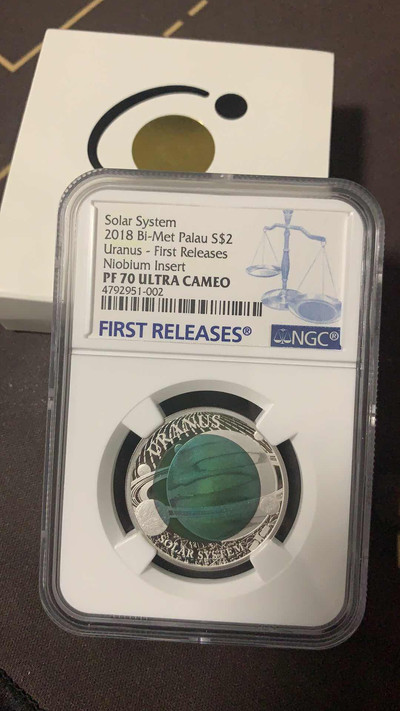【随心拍&GetCoin】现代金银币拍卖第二十九期 2018年帕劳.太阳系系列2.天王星镶蓝色铌金属银币.首期蓝标NGC70