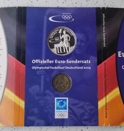 【随心拍&GetCoin】现代金银币拍卖第二十九期 德国奥委会2004年雅都奥运会火炬传递纪念币章套装，20克银章一枚，希腊2€纪念币一枚，此币为克劳斯获奖币。
