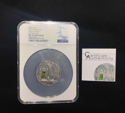 【随心拍&GetCoin】现代金银币拍卖第二十九期 帕劳首期蓝标2019年蒂凡尼柬埔寨吴哥窟2盎司镶嵌玻璃银币NGC70