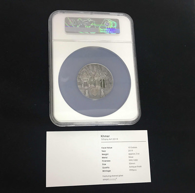 【随心拍&GetCoin】现代金银币拍卖第二十九期 帕劳首期蓝标2019年蒂凡尼柬埔寨吴哥窟2盎司镶嵌玻璃银币NGC70