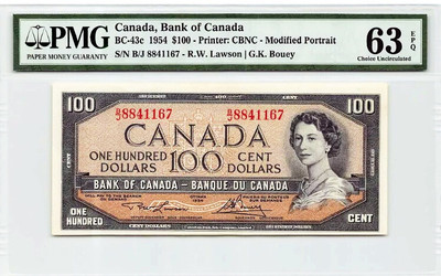 【Blue Auction】世界纸币精拍第十五期 - 加拿大 1954年 100元 pmg63E 原票 性价比 仅裁切问题 女王纸币经典