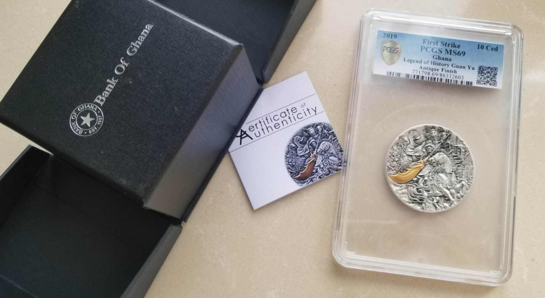 【随心拍&GetCoin】现代金银币拍卖第二十九期 加纳2019年义气千秋关云长2盎司仿古银币PCGS69首发标签带证书包装。