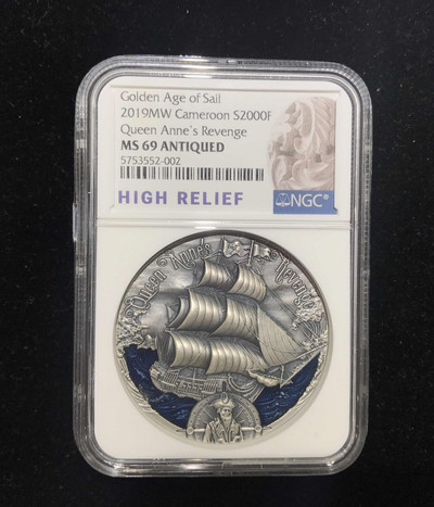 【随心拍&GetCoin】现代金银币拍卖第二十九期 喀麦隆2019年安妮女王复仇号高浮雕2盎司仿古银币NGC69