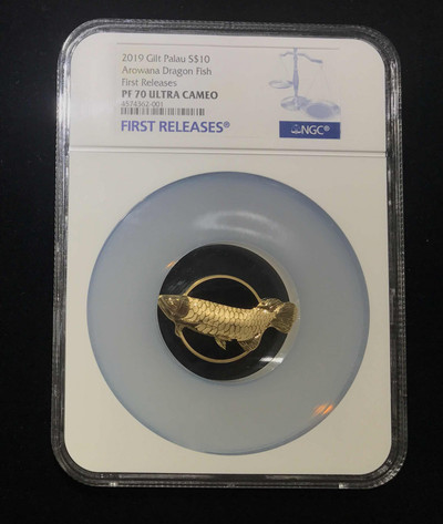 【随心拍&GetCoin】现代金银币拍卖第二十九期 2019年帕劳金龙鱼超高浮雕镀金珐琅彩银币.2盎司.原盒原证NGC70 首期蓝标