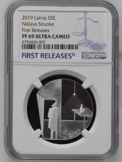 【随心拍&GetCoin】现代金银币拍卖第二十九期 拉脱维亚2019年斯特鲁克《进入房间的人》异形银币首期蓝标NGC69