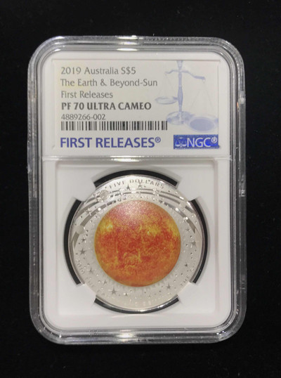 【随心拍&GetCoin】现代金银币拍卖第二十九期 澳大利亚2019年太空探索系列3凹面彩太阳纪念银币NGC70首期蓝标