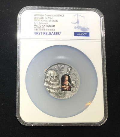 【随心拍&GetCoin】现代金银币拍卖第二十九期 喀麦隆2019年达芬奇500周年镶嵌高浮雕2盎司银币首期蓝标NGC70