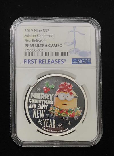 【随心拍&GetCoin】现代金银币拍卖第二十九期 纽埃2019年小黄人节日问候系列圣诞快乐纪念彩银币首期蓝标NGC69