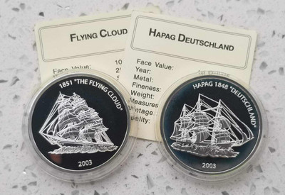 【随心拍&GetCoin】现代金银币拍卖第三十期 利比里亚2003年飞云号和德意志号海船纪念银币两枚各25克银