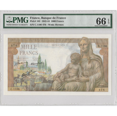 华伟收藏 第A期 外国纸币 秒杀专场 - 全新unc 1942-44年 法国 1000法郎 