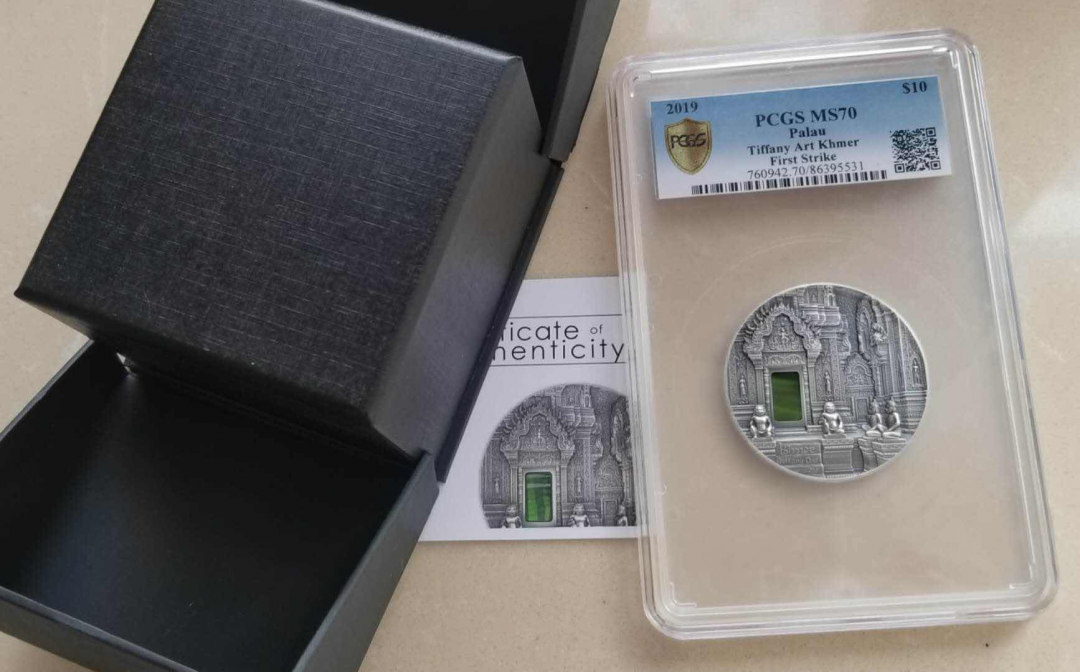 【随心拍&GetCoin】现代金银币拍卖第三十期 帕劳2019年蒂凡尼艺术吴哥窟2盎司镶嵌仿古银币PCGS70首发标签