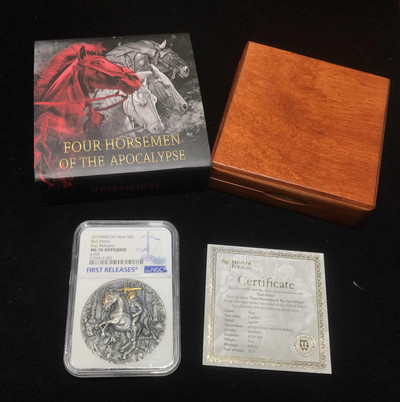 【随心拍&GetCoin】现代金银币拍卖第三十期 纽埃2019年天启四骑士系列红马骑士高浮雕镀银币首期蓝标NGC70