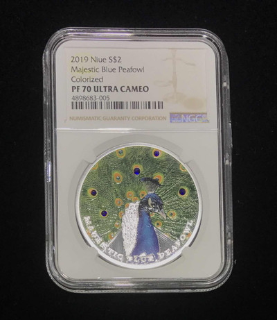 【随心拍&GetCoin】现代金银币拍卖第三十期 纽埃2019年美丽动物系列孔雀1盎司精制纪念彩银币NGC70